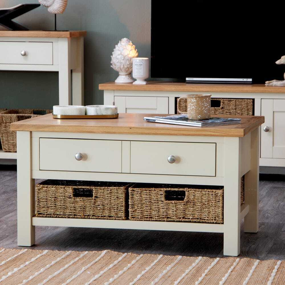Salisbury Ivory Painted Oak Coffee Table with Wicker Baskets by