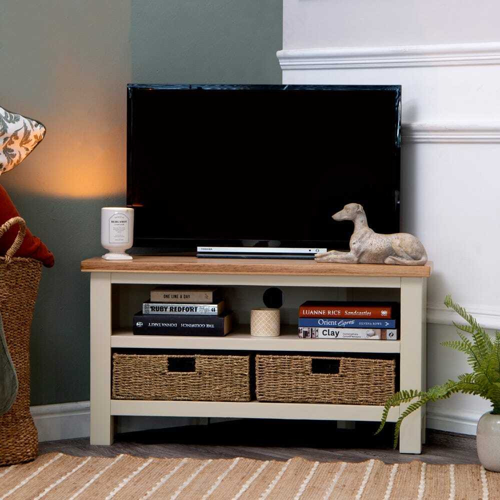 Salisbury Ivory Painted Oak Corner TV Unit with Wicker Baskets by