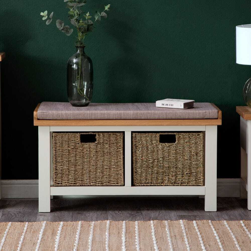 Salisbury Ivory Painted Oak Hall Bench With Wicker Baskets By Chiltern Salisbury Ivory Painted Oak Hall Bench With Wicker Baskets By Chiltern