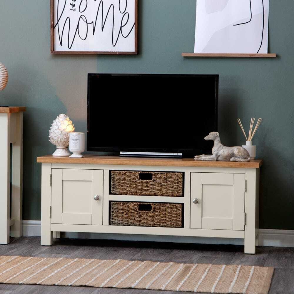 Salisbury Ivory Painted Oak Large TV Unit with Wicker Baskets by