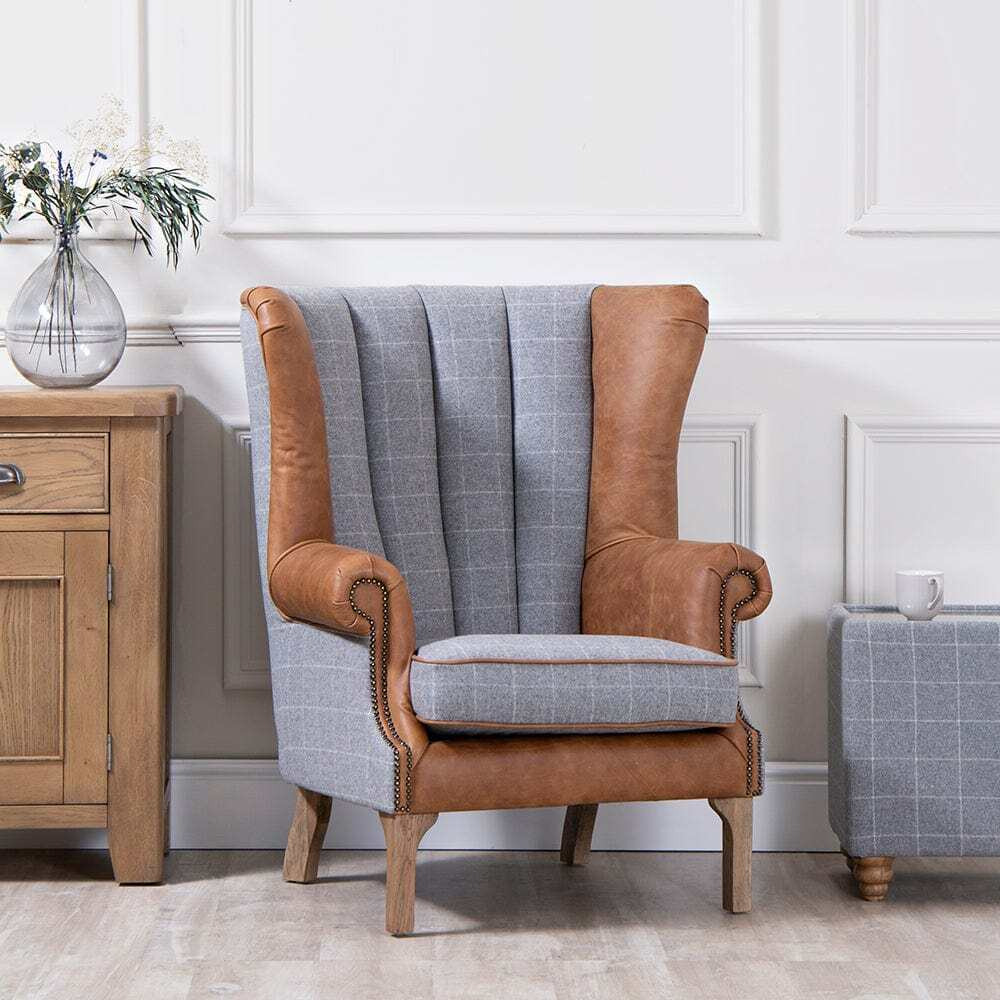 Check Chair Vintage Grey Check Fluted Wing Chair in Leather and Tweed by Chiltern ...