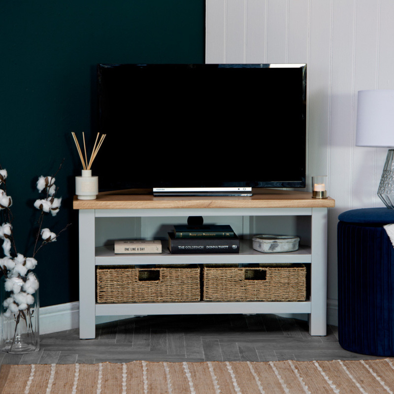 Salisbury Grey Painted Oak Corner TV Unit with Wicker Baskets by