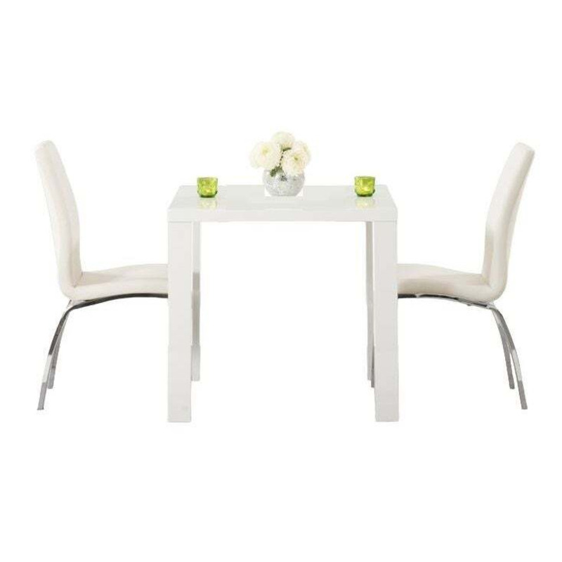 Sandra White High Gloss Square Dining Table and 2 Burnie Ivory Chairs