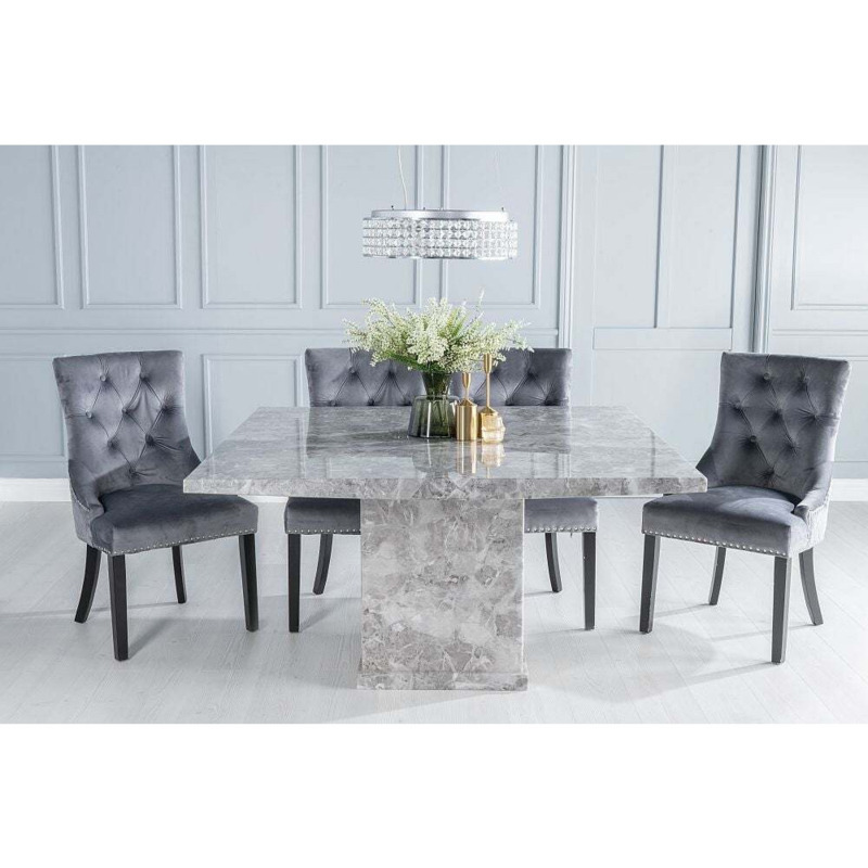 Turin Marble Dining Table Set, Square Grey Top and Pedestal Base with