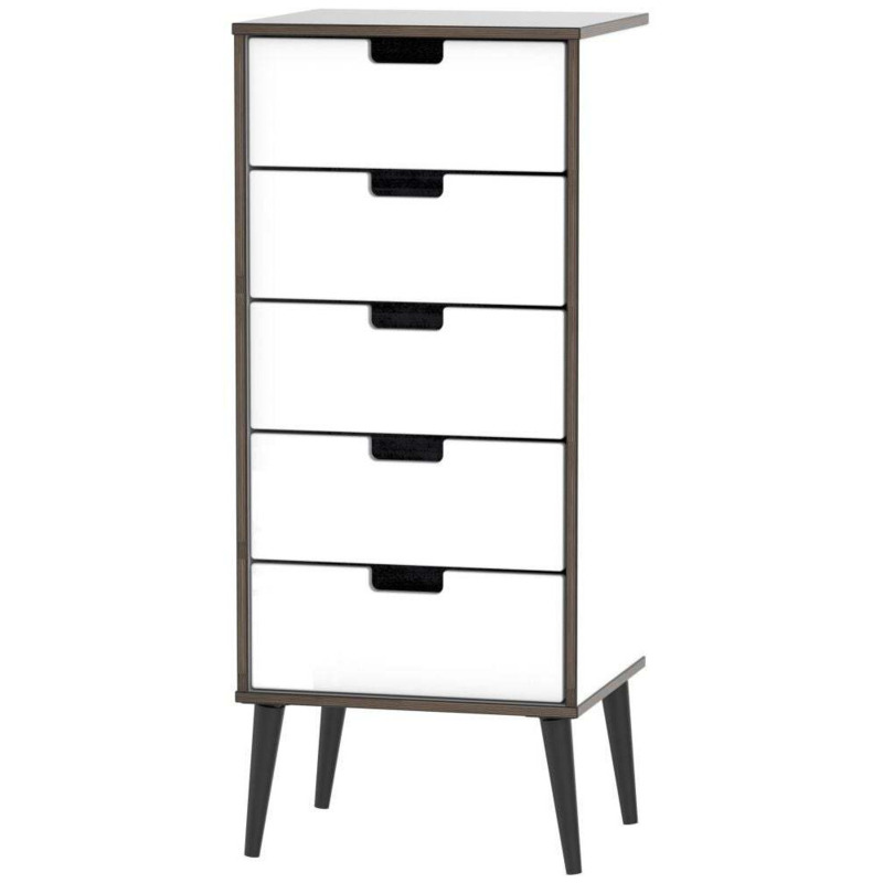Shanghai High Gloss White 5 Drawer Slim Chest with Wooden Legs by
