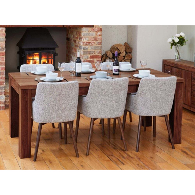 Mulford Walnut Extending Dining Table and 6 Light Grey Fabric Dining