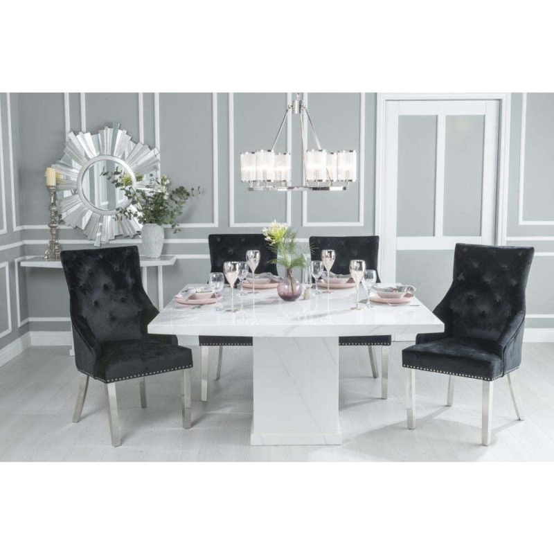 Turin Marble Dining Table Set, Square White Top and Pedestal Base with