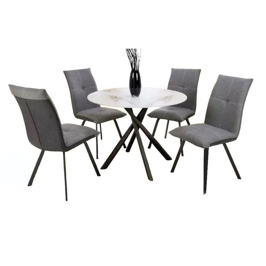 Avesta White Marble Effect Round Dining Table and 4 Ariel Light Grey