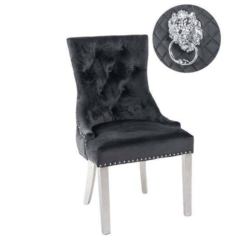 Lion Knocker Back Black Dining Chair, Tufted Velvet Fabric Upholstered
