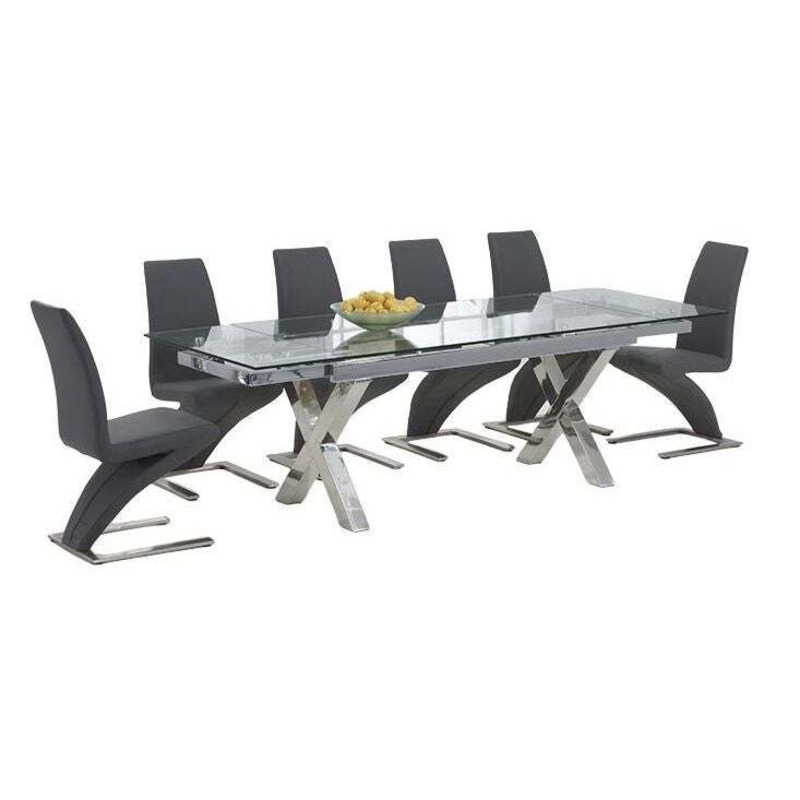 Micah Glass Extending Dining Table and 6 Zoie Z Chairs Chrome and