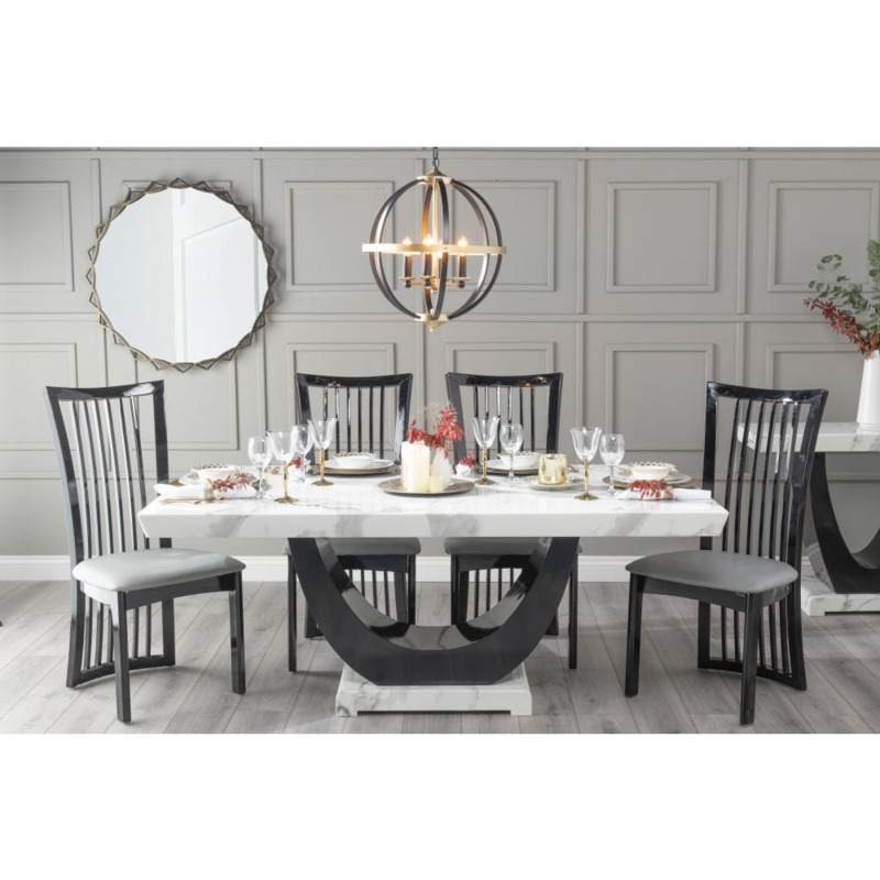 Madrid Marble Dining Table Set, White Top and Black Gloss U Shaped