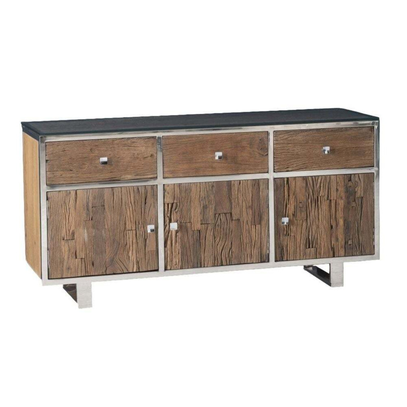 Railway Sleeper 3 Door Sideboard with Glass Top, 150cm Large