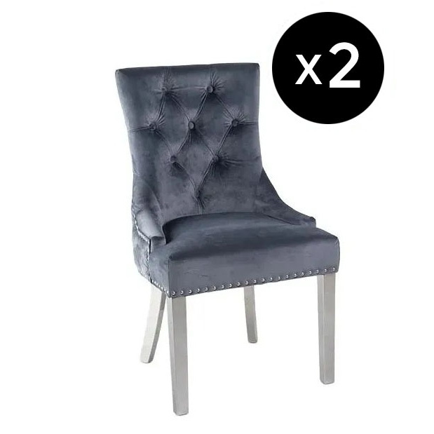 Set of 2 Lion Knocker Back Grey Dining Chair, Tufted Velvet Fabric