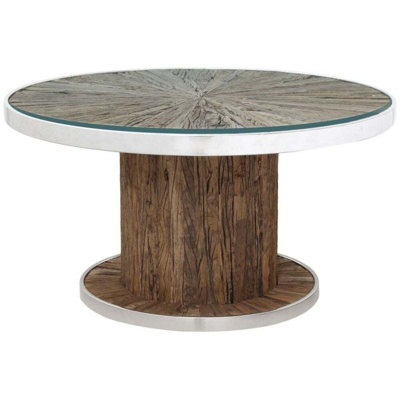 Railway Sleeper Coffee Table with Glass Top, Round Column Base, Made from Reclaimed Wood & Steel