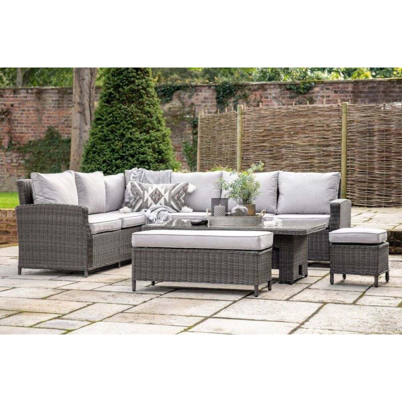 Sovera Grey Rattan Outdoor Garden Sofa Dining Set with Rising Table by