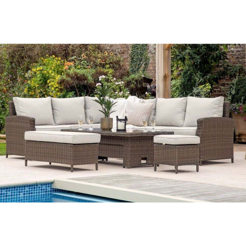 Sovera Natural Rattan Outdoor Garden Sofa Dining Set with Rising Table