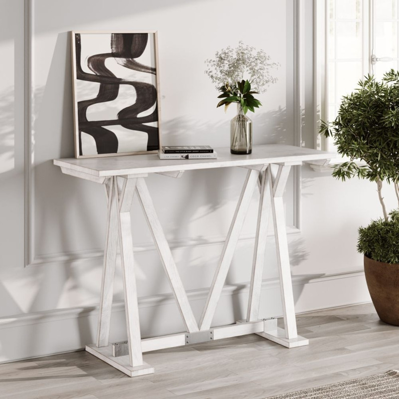 Farmhouse White Washed Painted Console Table, 122cm Solid Mango Wood