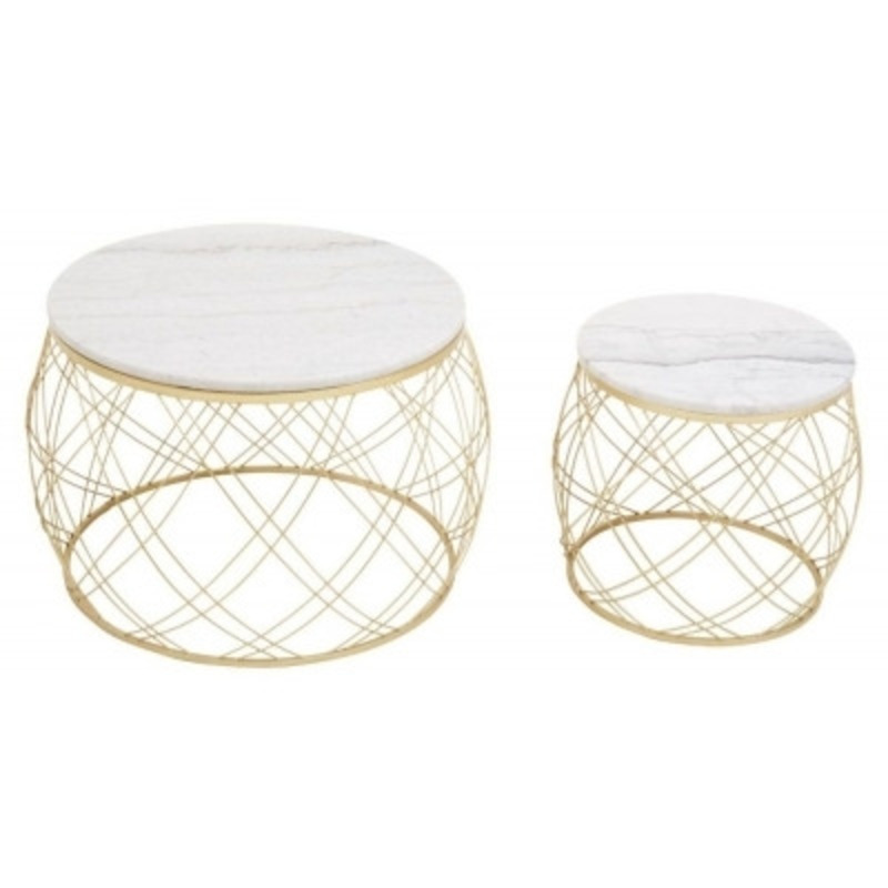 Jordan White Marble Top Round Side Tables with Geometric Gold Frame