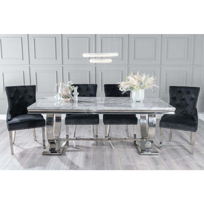 Glacier Marble Dining Table Set, Rectangular Grey Top and Ring Chrome