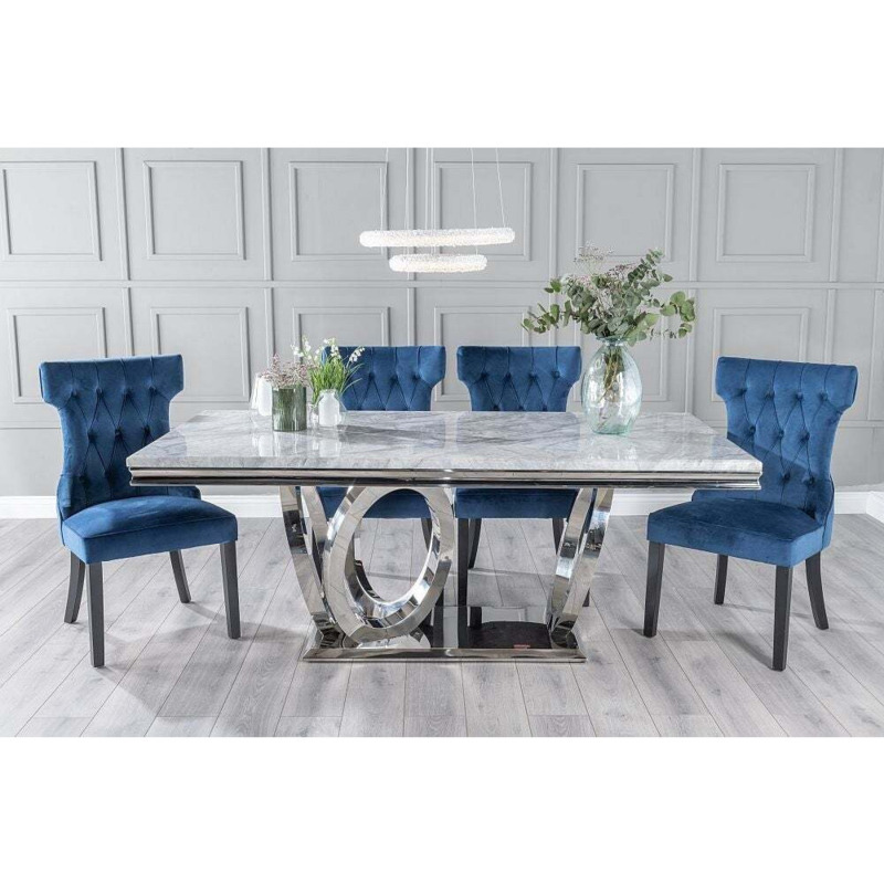 Dolce Marble Dining Table Set, Rectangular Grey Top and Ring Chrome