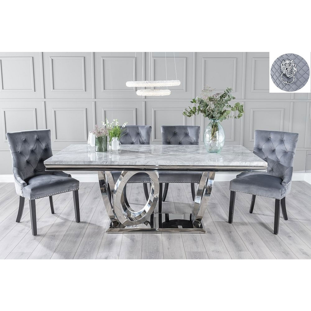 Dolce Marble Dining Table Set, Rectangular Grey Top and Ring Chrome