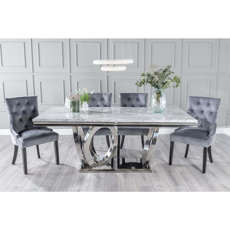 Dolce Marble Dining Table Set, Rectangular Grey Top and Ring Chrome