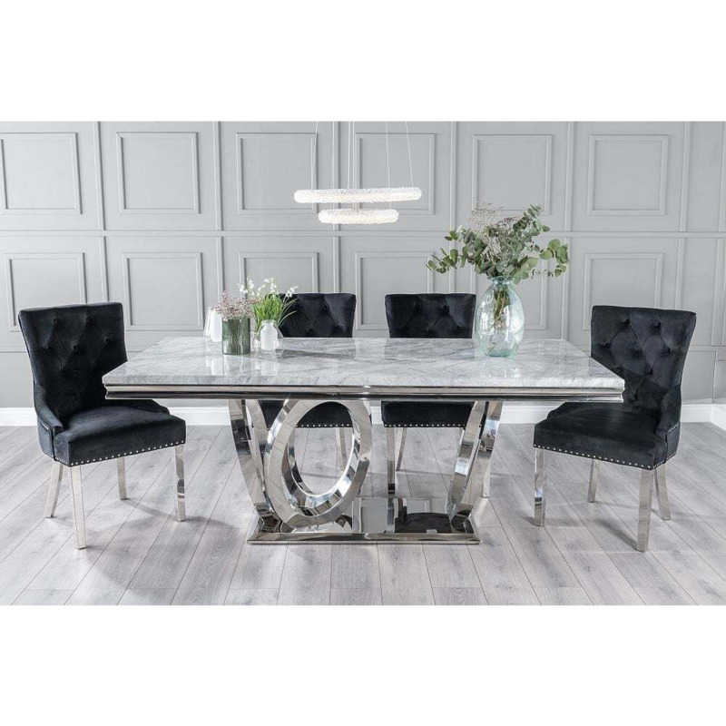 Dolce Marble Dining Table Set, Rectangular Grey Top and Ring Chrome