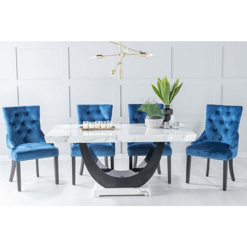 Madrid Marble Dining Table Set, White Top and Black Gloss U Shaped