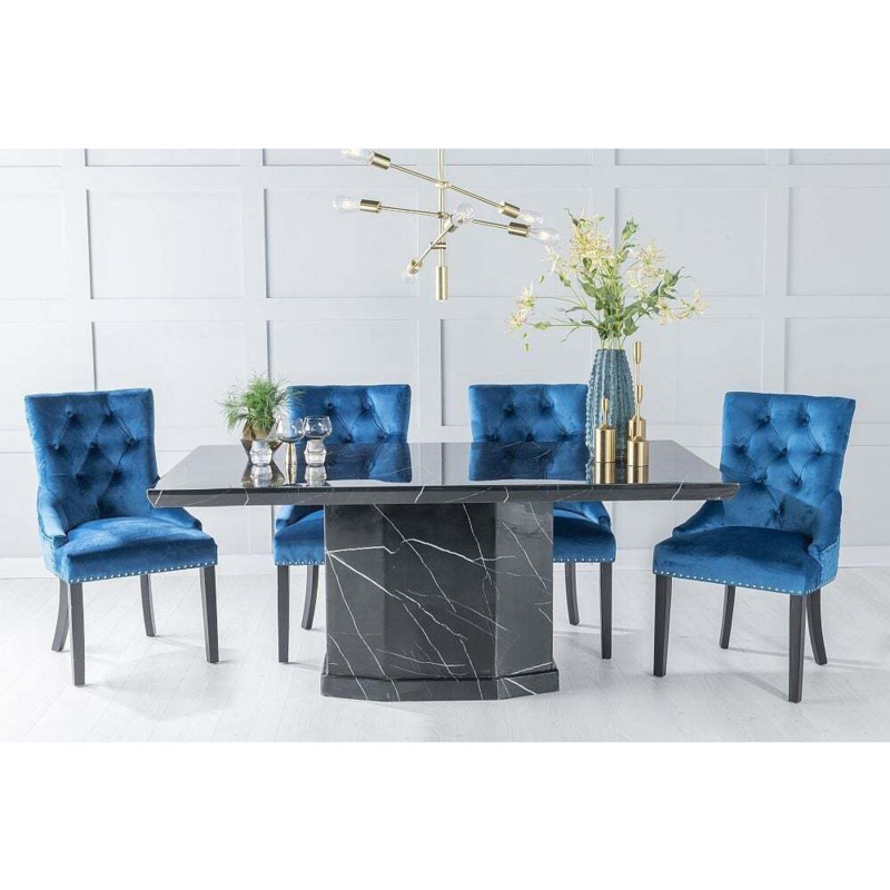 Naples Marble Dining Table Set, Rectangular Black Top and Pedestal Base