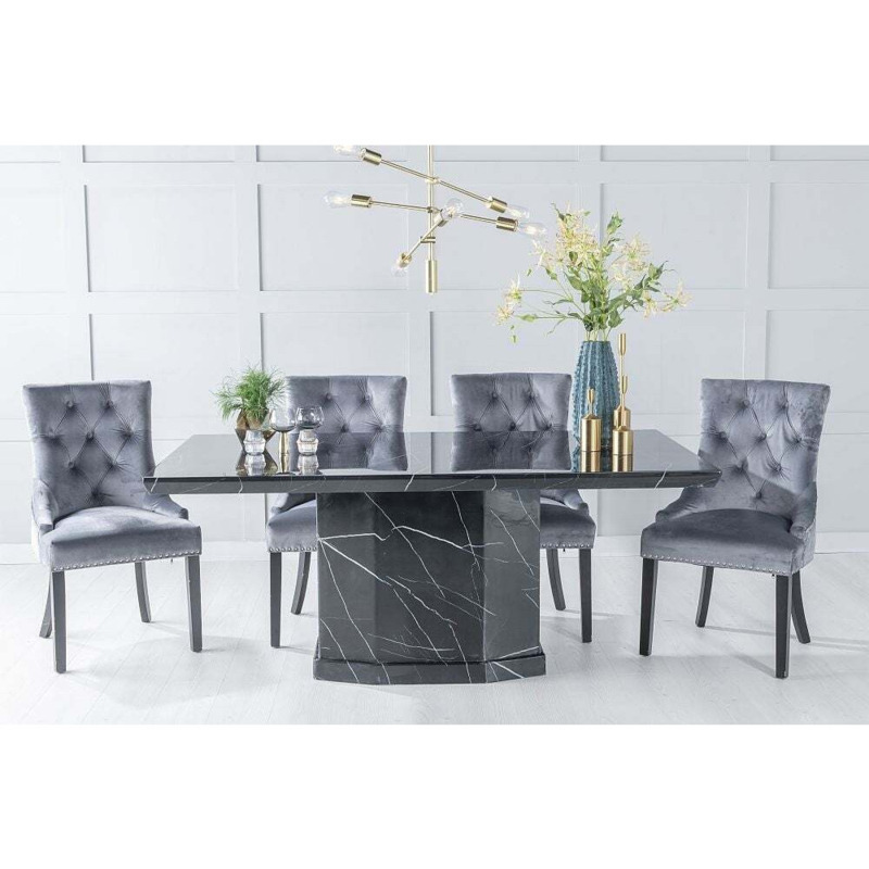 Naples Marble Dining Table Set, Rectangular Black Top and Pedestal Base