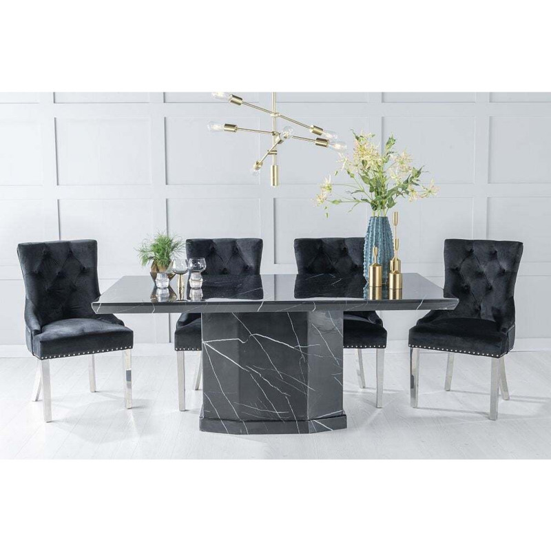 Naples Marble Dining Table Set, Rectangular Black Top and Pedestal Base