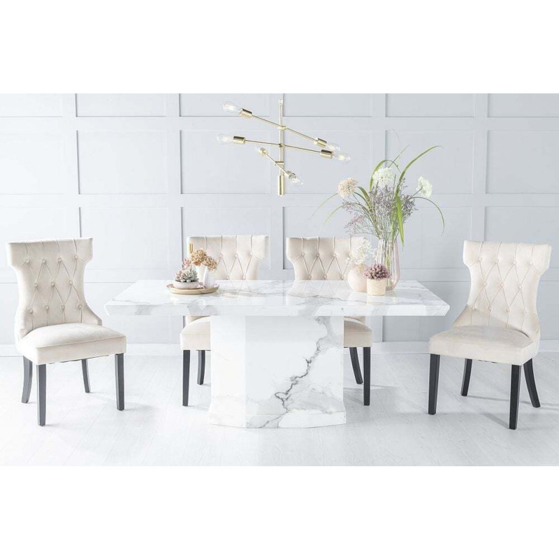 Naples Marble Dining Table Set, Rectangular White Top and Pedestal Base