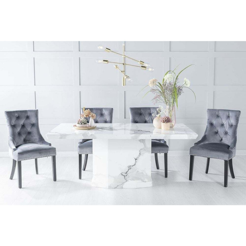 Naples Marble Dining Table Set, Rectangular White Top and Pedestal Base