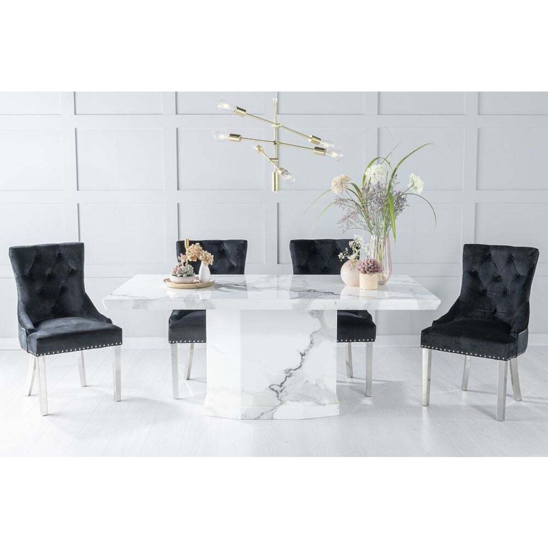 Naples Marble Dining Table Set, Rectangular White Top and Pedestal Base