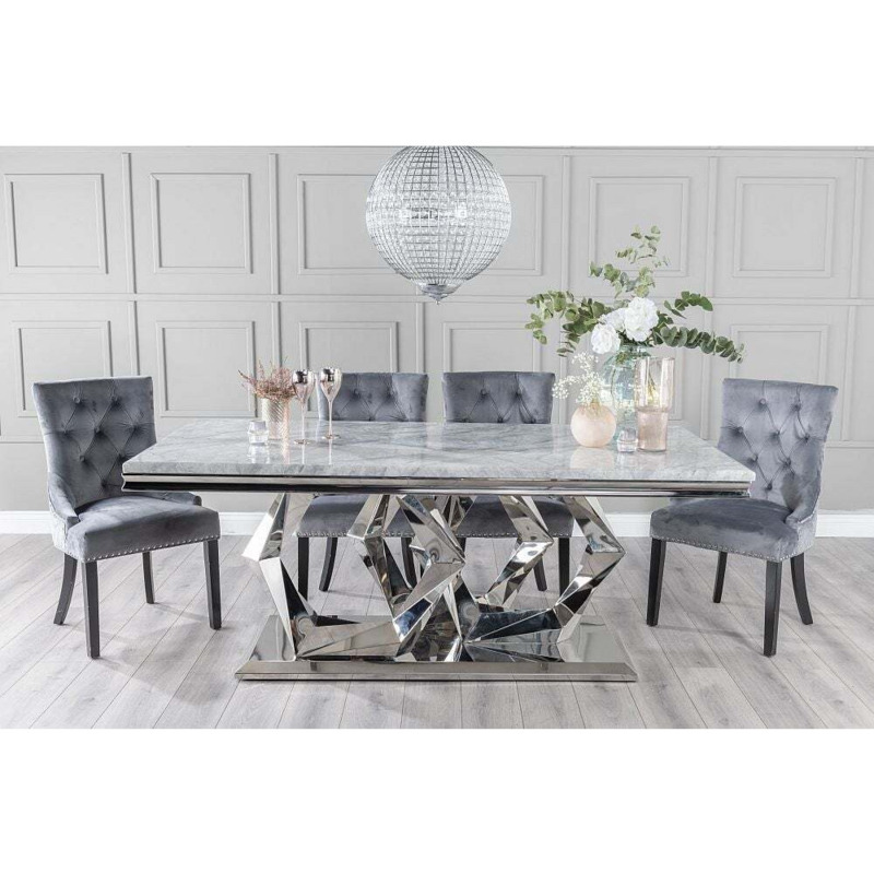 Hexa Marble Dining Table Set, Rectangular Grey Top and Steel Chrome