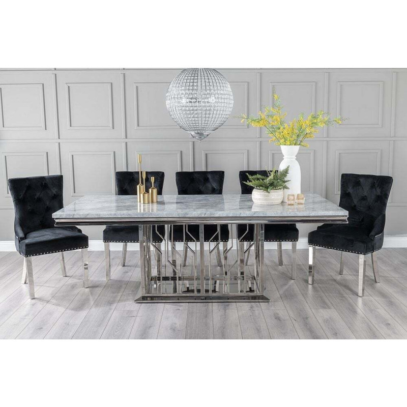 Vortex Marble Dining Table Set, Rectangular Grey Top and Steel Chrome