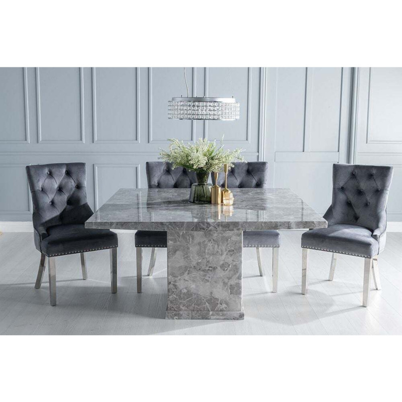 Turin Marble Dining Table Set, Square Grey Top and Pedestal Base with Grey Fabric Knocker Back