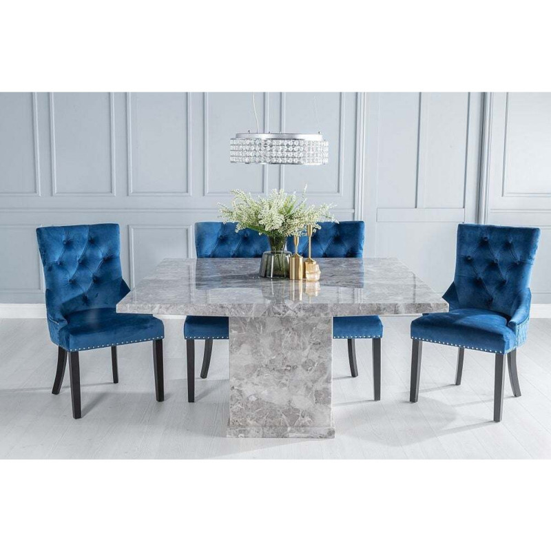 Turin Marble Dining Table Set, Square Grey Top and Pedestal Base with