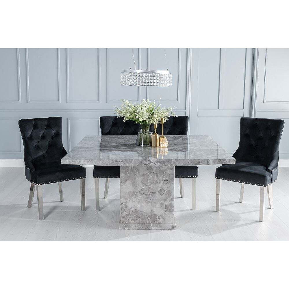 Turin Marble Dining Table Set, Square Grey Top and Pedestal Base with