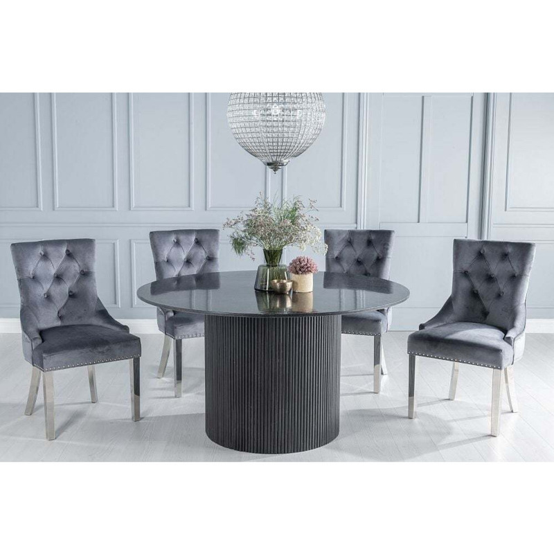 Carra Marble Dining Table Black, Round Top and Fluted Ribbed Drum Base