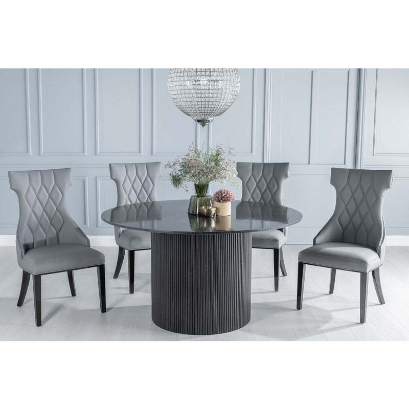 Carra Marble Dining Table Black, Round Top and Fluted Ribbed Drum Base