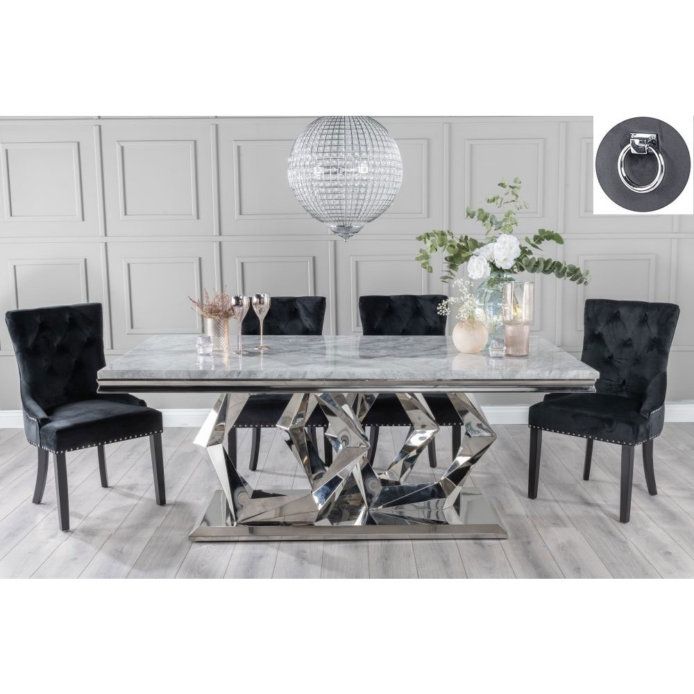 Hexa Marble Dining Table Set, Rectangular Grey Top and Pedestal Base and Black Fabric Knocker