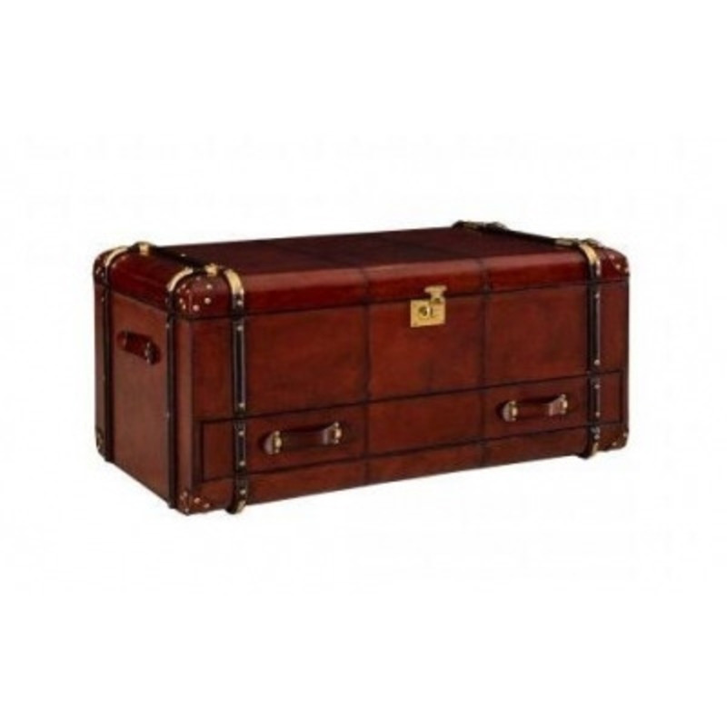 Mysore Handcrafted Leather Cognac Coffee Table Trunk With Drawer by