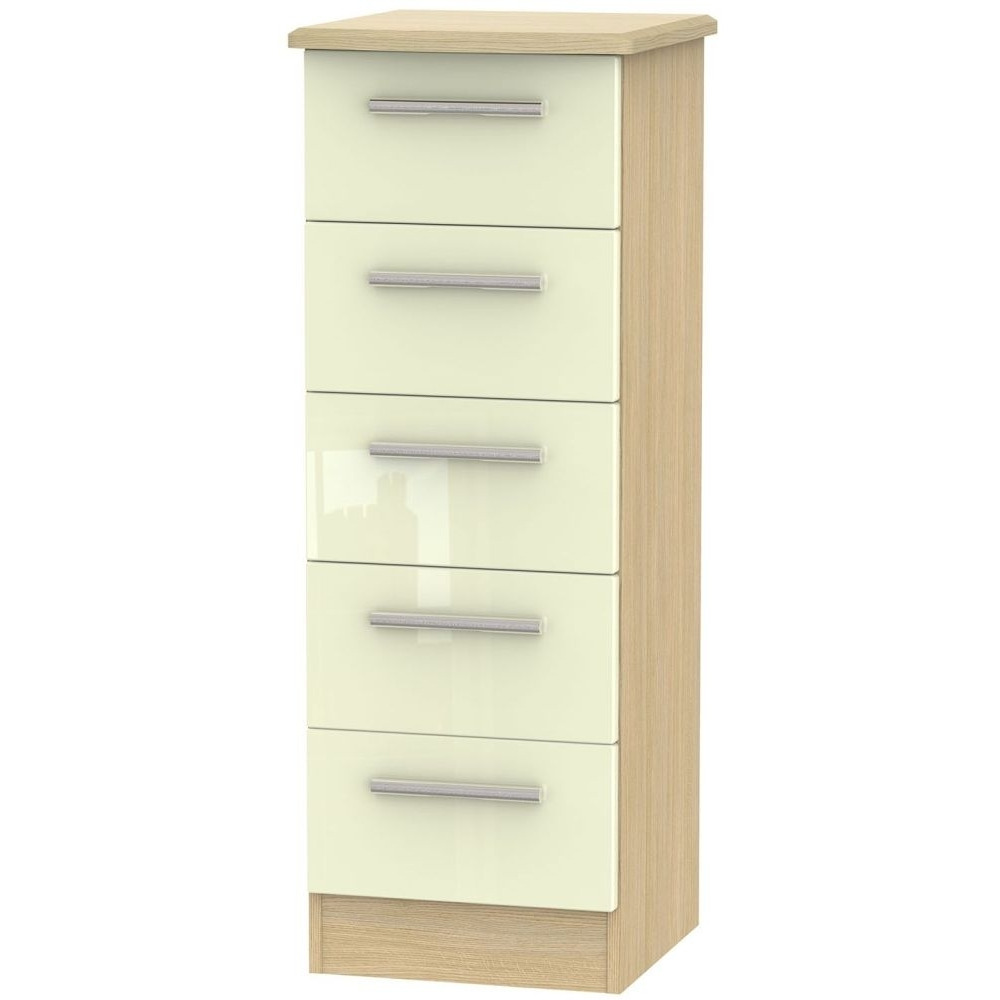 Knightsbridge 5 Drawer Tall Chest High Gloss Cream and Light Oak by