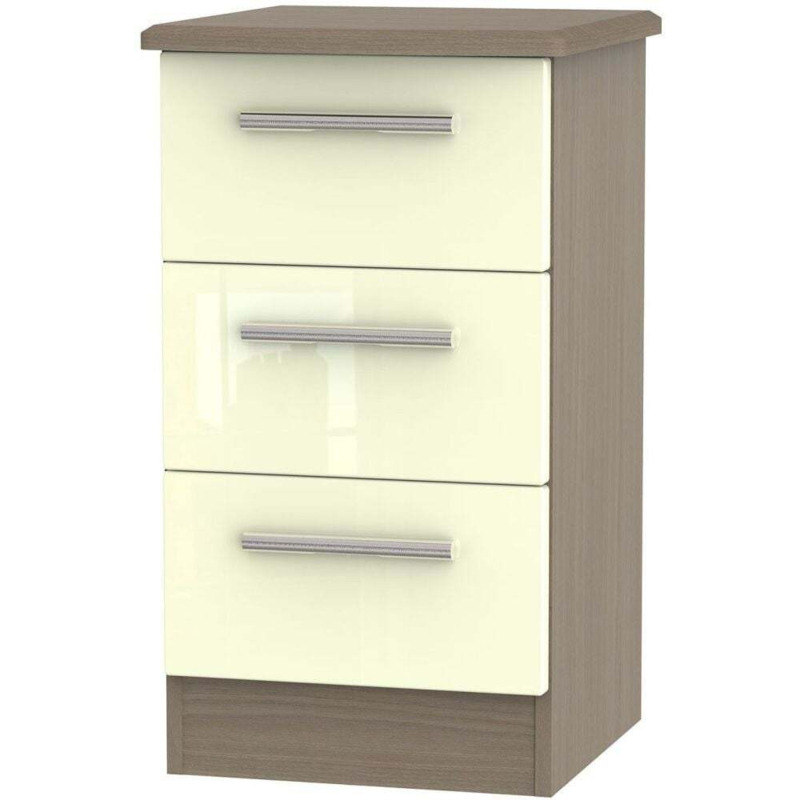 Knightsbridge 3 Drawer Bedside High Gloss Cream and Toronto Walnut by Choice Furniture