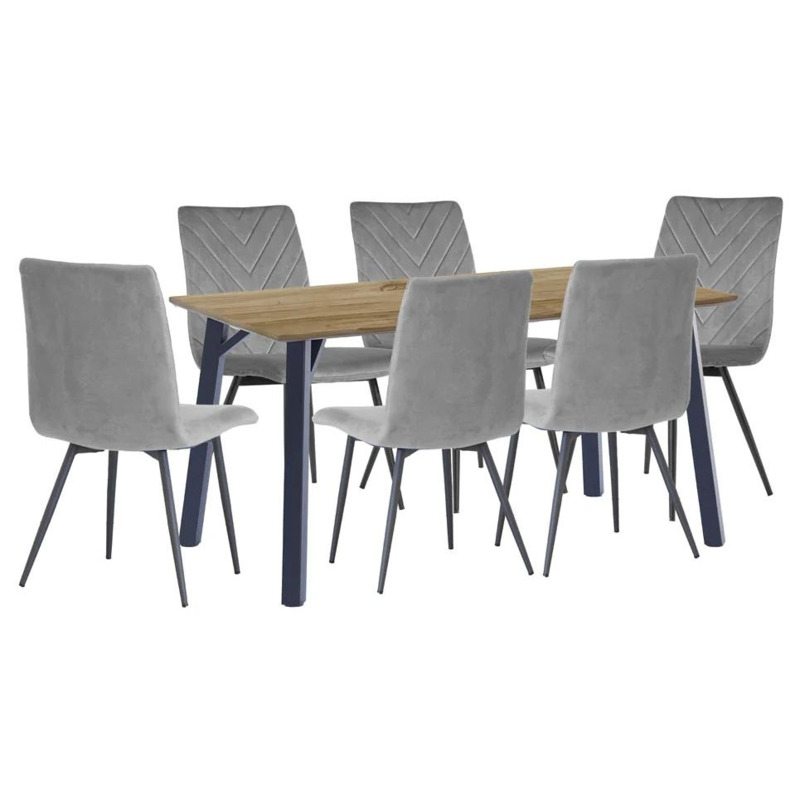 Tivoli Oak Effect Top 180cm Dining Table and 6 Velvet Fabric Chair by