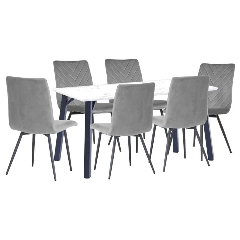 Tivoli White Marble Effect Top 180cm Dining Table and 6 Velvet Fabric