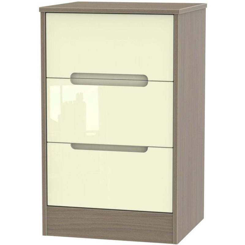 Monaco 3 Drawer Bedside High Gloss Cream and Toronto Walnut by Choice Furniture