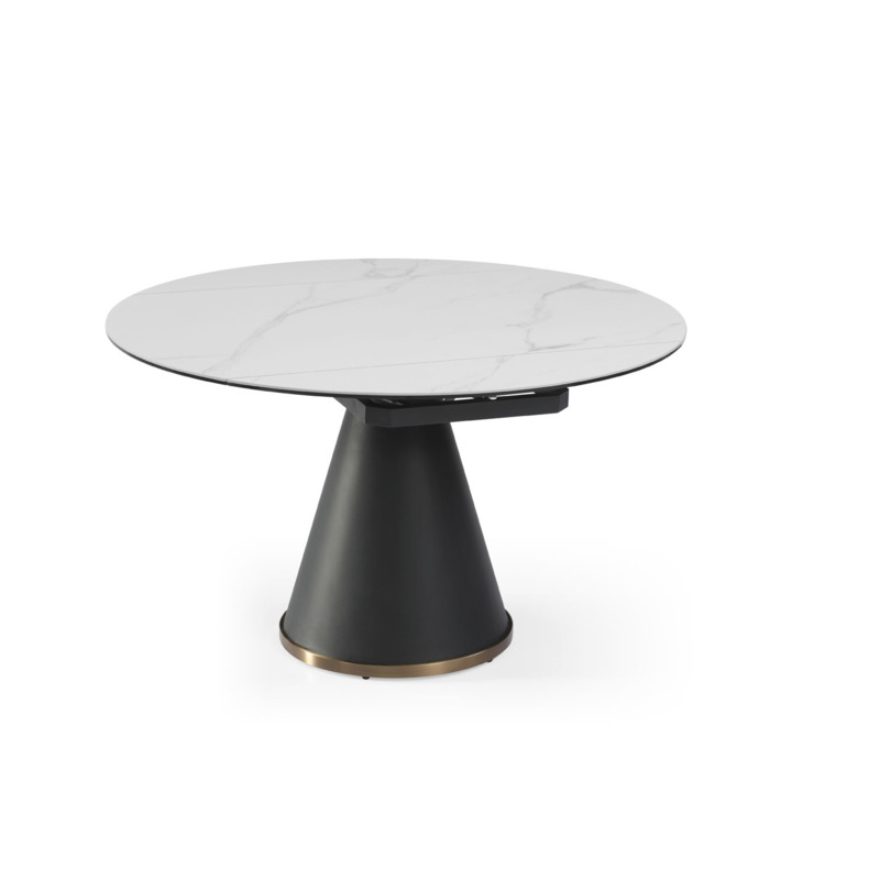 Sintered Stone Ceramic Solid Italy Light Grey Shiny Black Base Round Extending Dining Table by