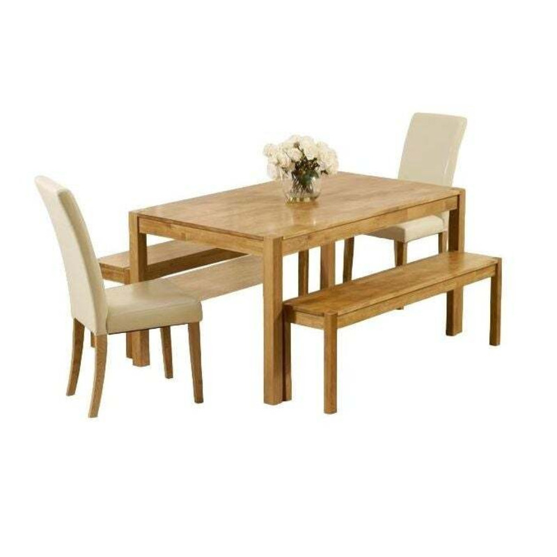 Leighton Oak Large Dining Table with 2 Sophia Cream Faux Leather Chairs